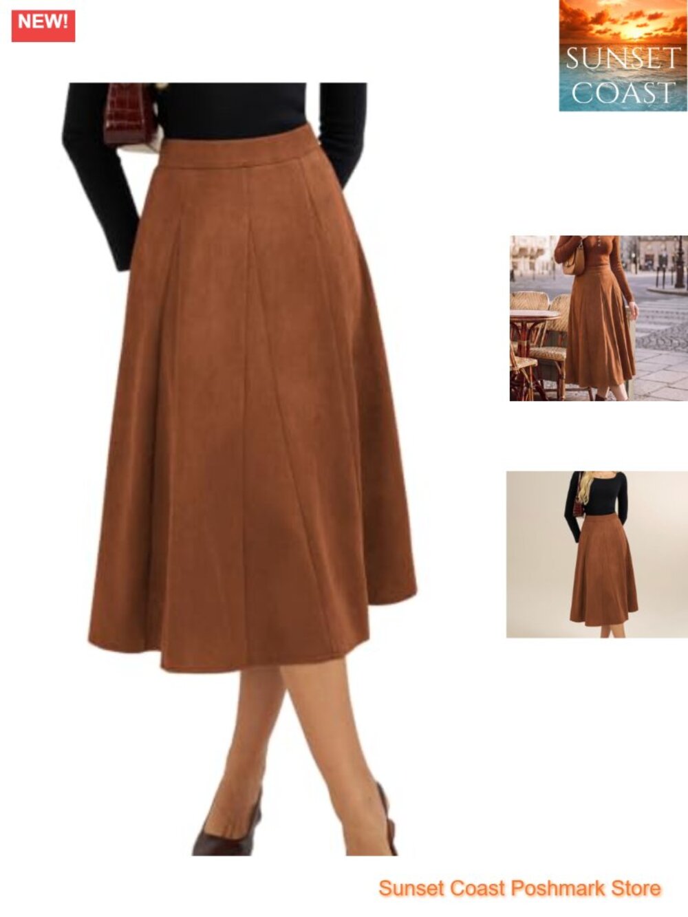 A-Line Midi Skirt Faux Suede High Waisted Paneled Pleats Dressy Casual